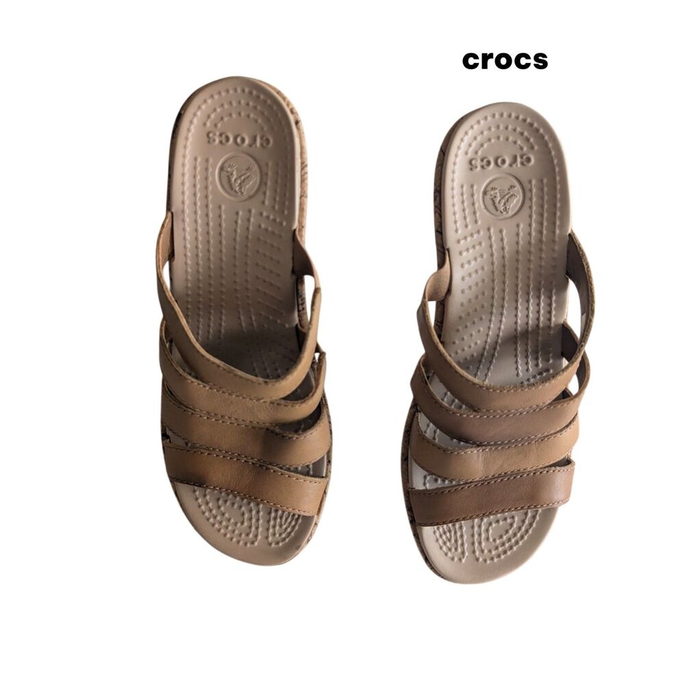 Crocs A-Leigh Leather Cork Wedge Sandals Women's W6 Tan Comfort Casual